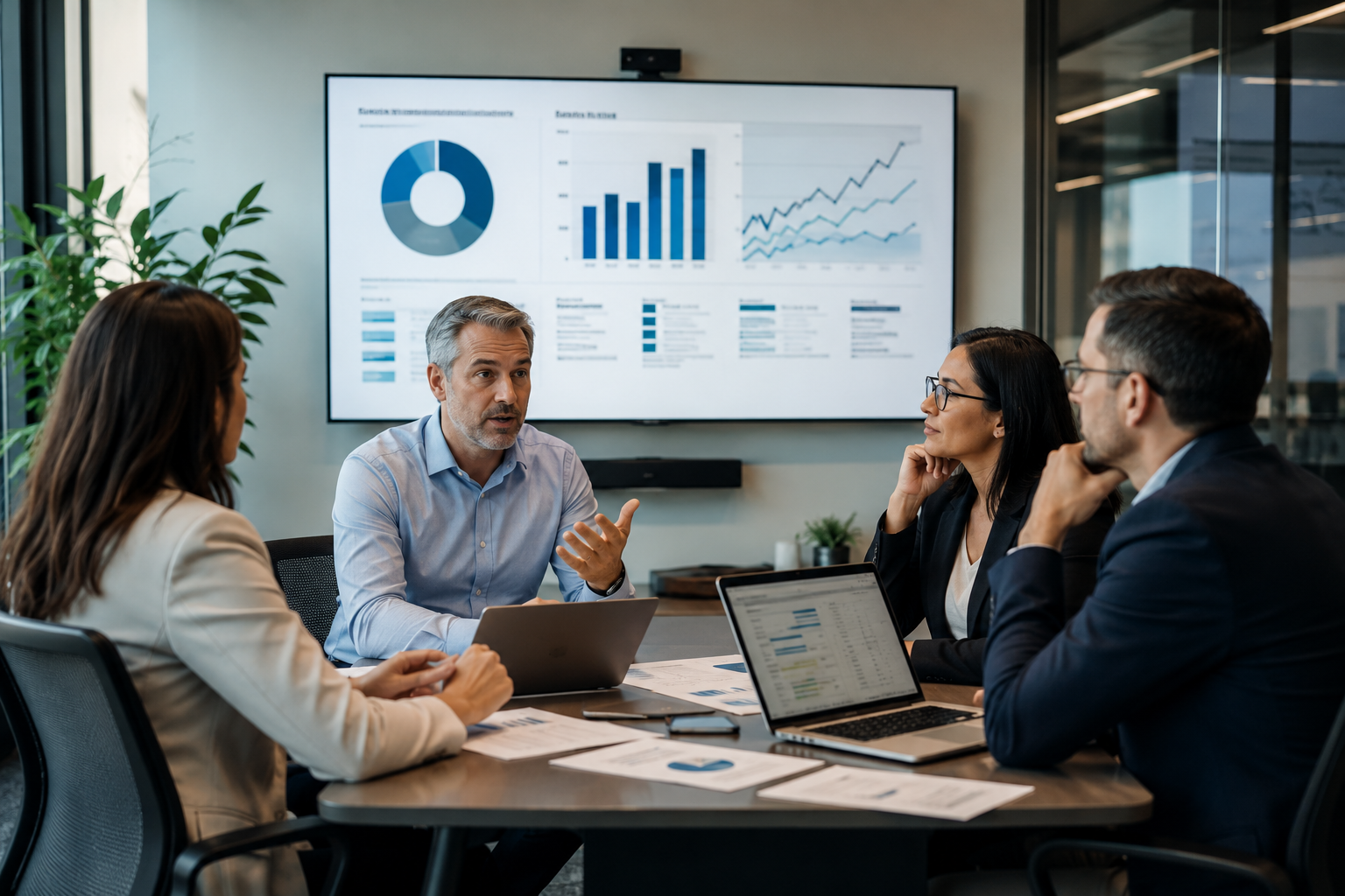 Enterprise IT leaders reviewing AI infrastructure strategy, cloud costs, and workload placement dashboards in an executive boardroom