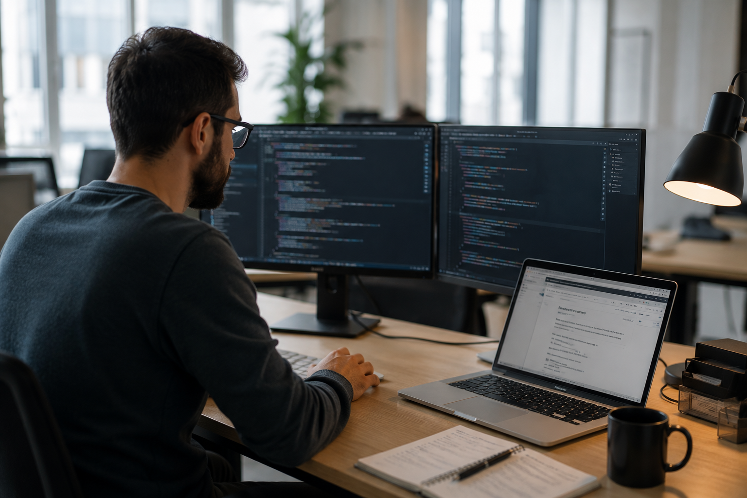 Enterprise IT engineer monitoring AI cloud costs, private infrastructure dashboards, and workload spending across a multi-monitor workstation