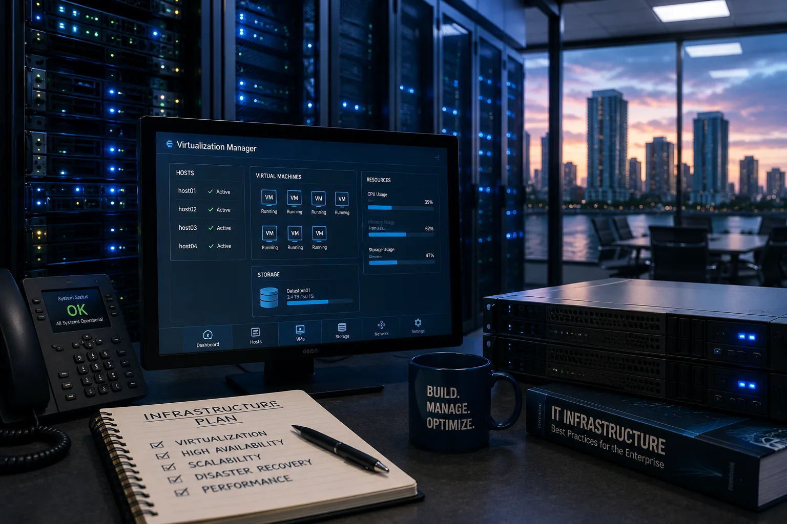 Modern data center with cloud infrastructure dashboard and server racks representing the shift to cloud computing in the 2010s