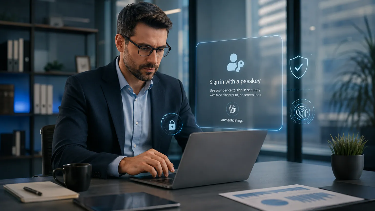 Business user signing in to a laptop with a passkey using fingerprint verification