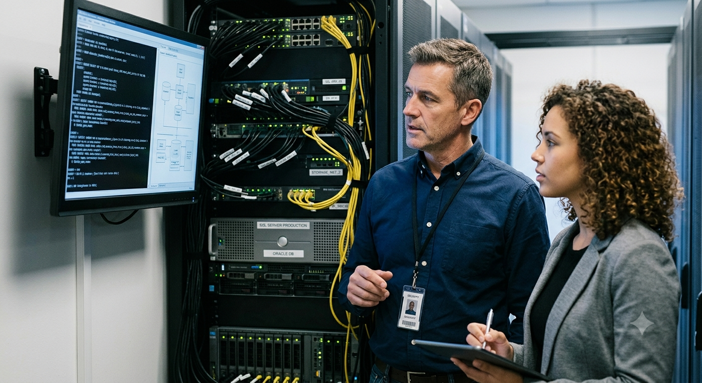 Enterprise IT team assessing private AI infrastructure risks inside a server room with racks, network cables, and system monitoring displays