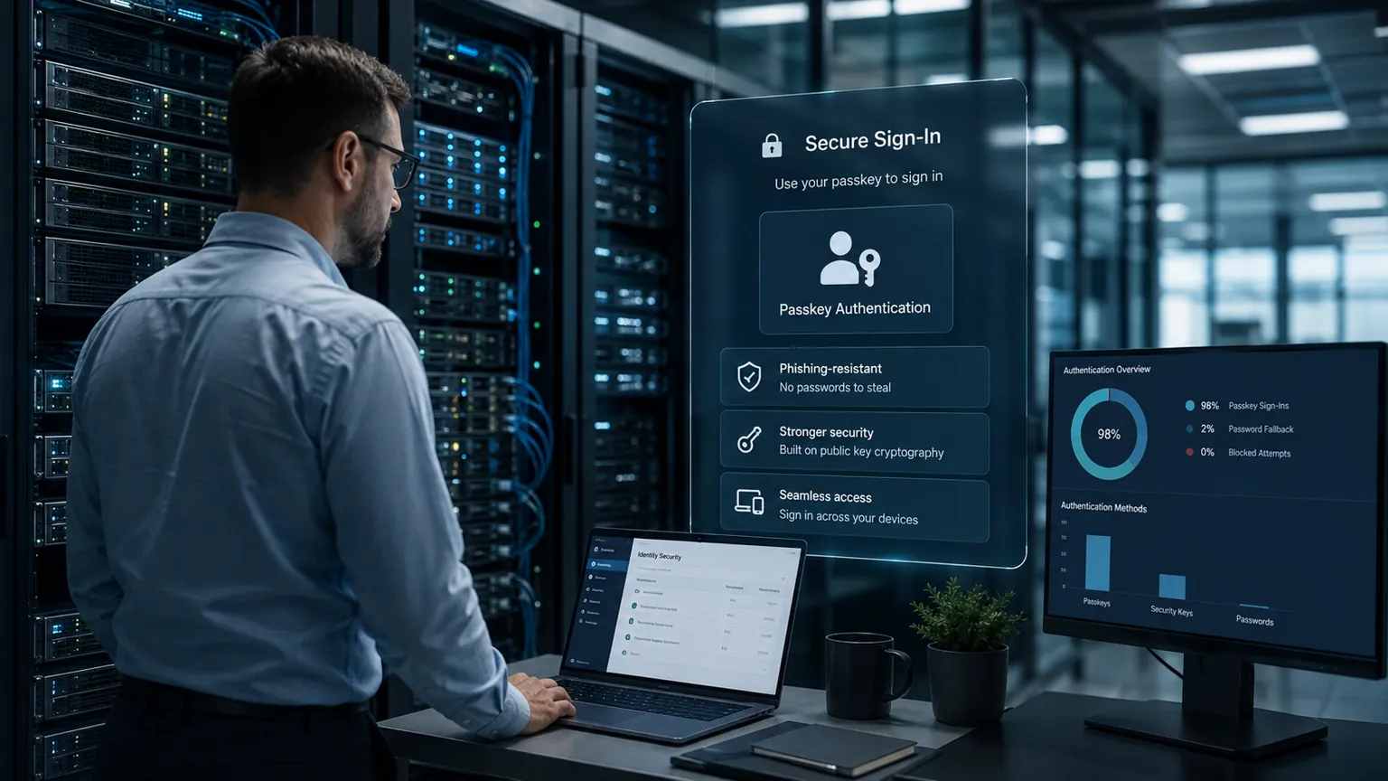 Systems administrator reviewing passkey authentication and identity security dashboards in a server room