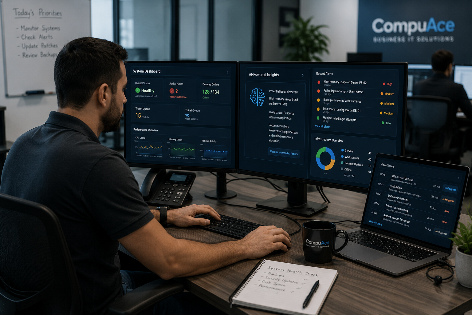 CompuAce IT operations center monitoring system health and AI-powered alerts