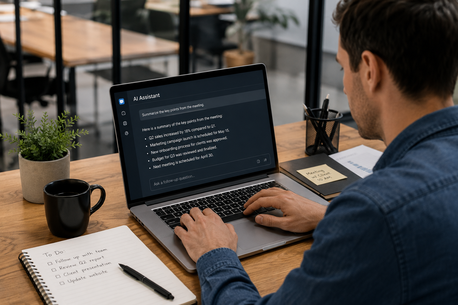 Professional using an AI assistant on a laptop to summarize meeting notes