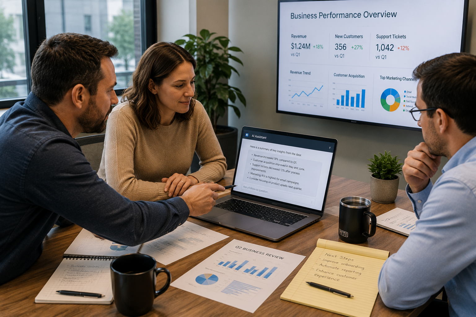 Business team reviewing AI-generated insights from a performance dashboard