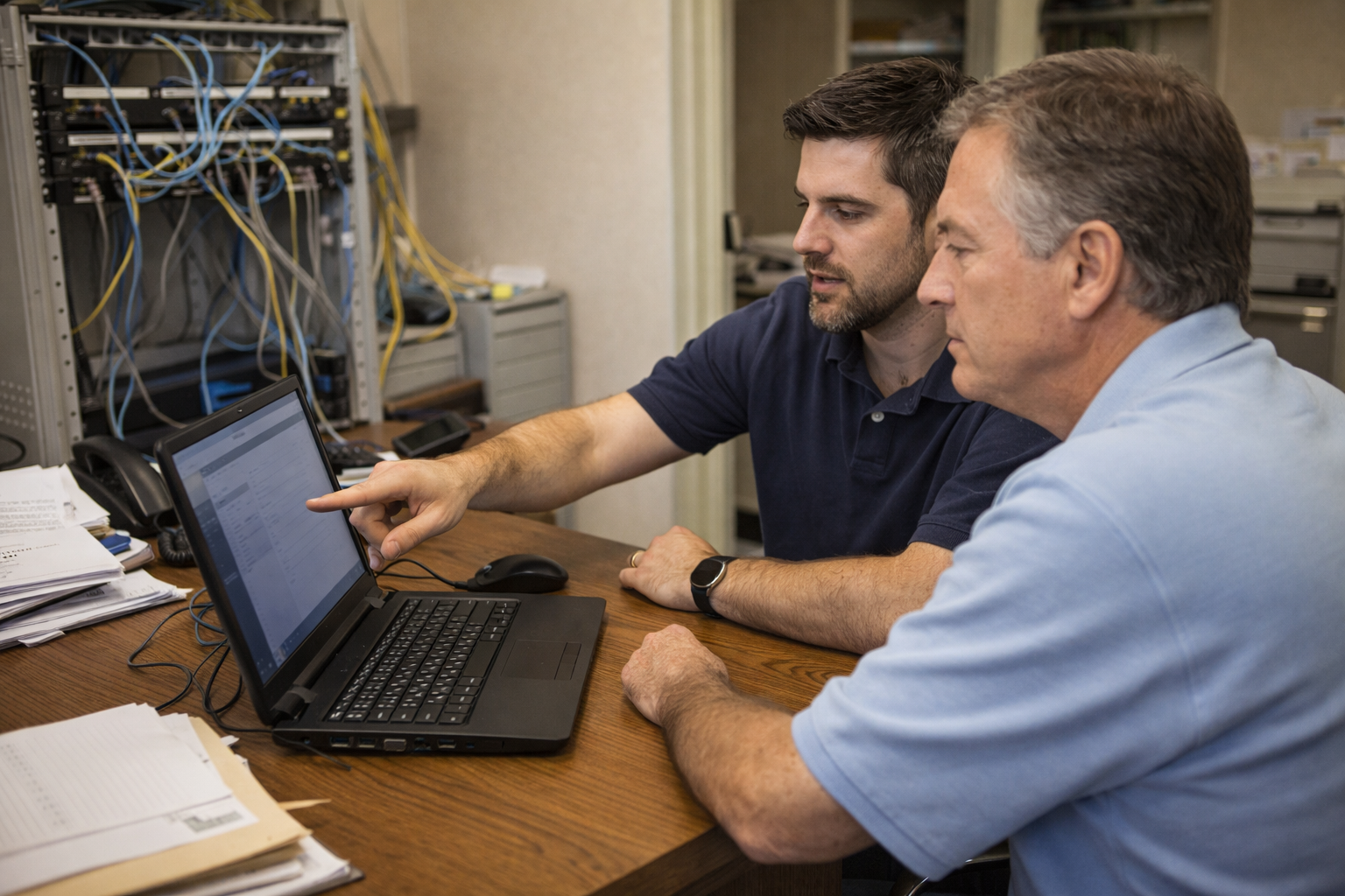 IT consulting team reviewing laptop