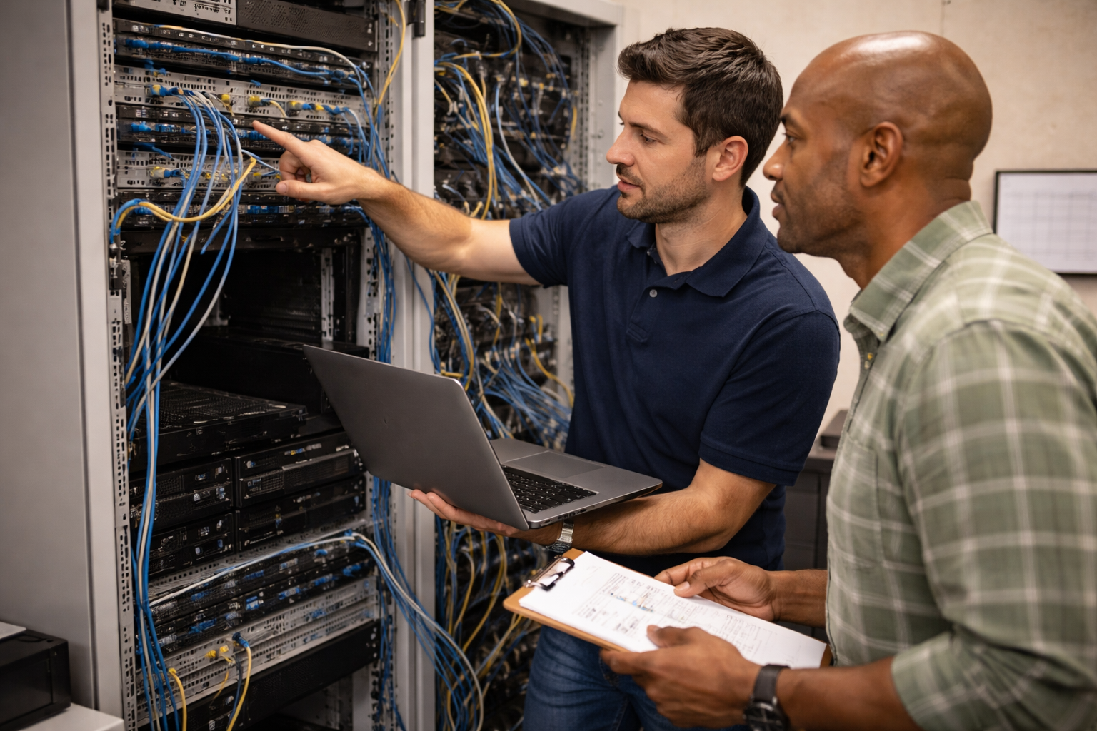 IT professionals working in server room